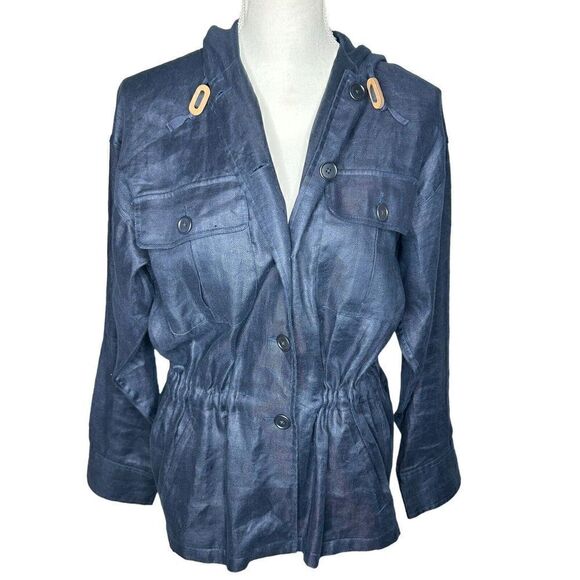 Lauren Ralph Lauren Women’s Blue 100% Linen Cinched Waist Hooded Jacket Sz M - Picture 1 of 7
